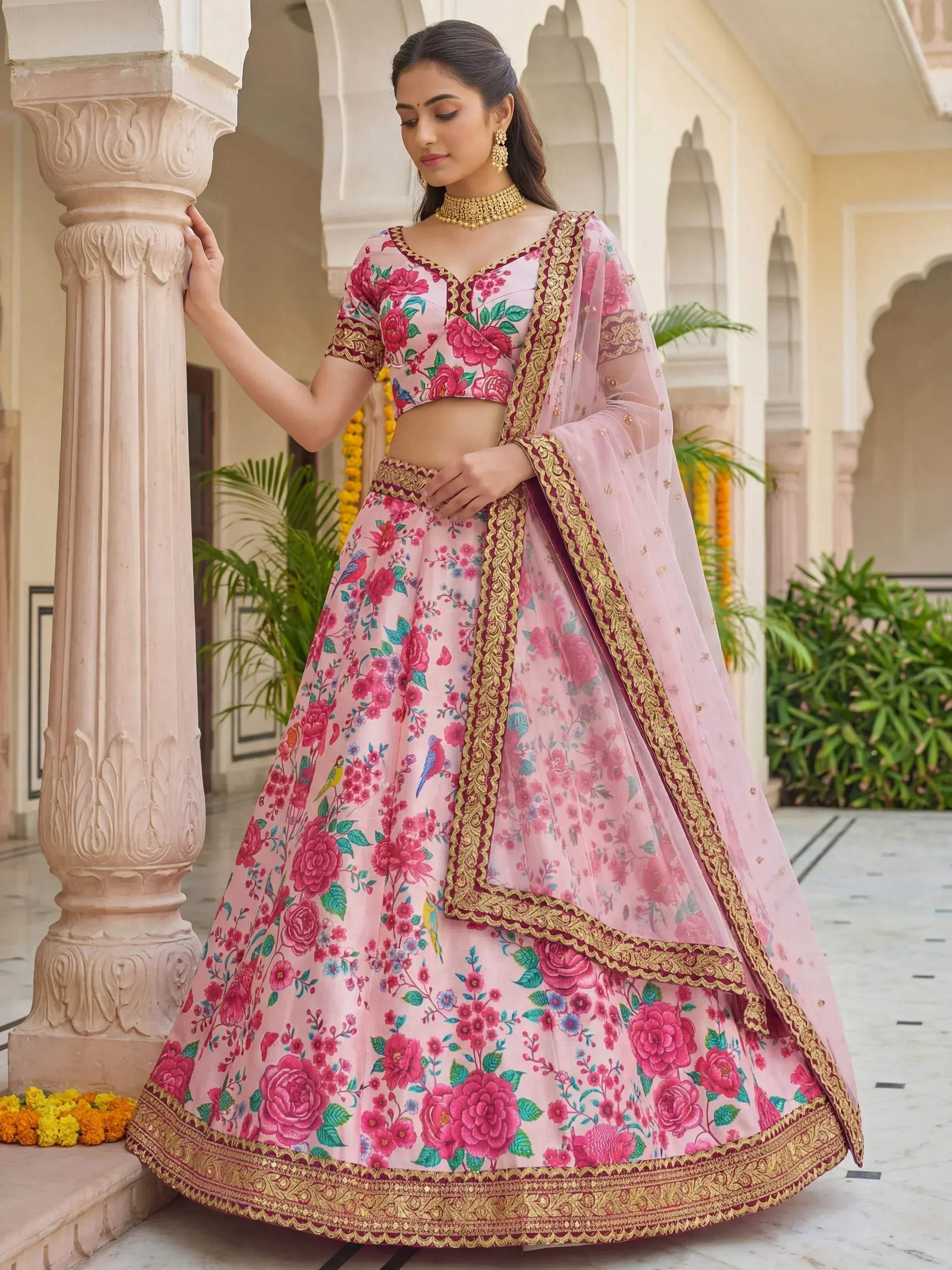 Tulsi Art Captivating Light Pink Floral Printed Silk Festival Wear Lehenga Choli | Grocsy