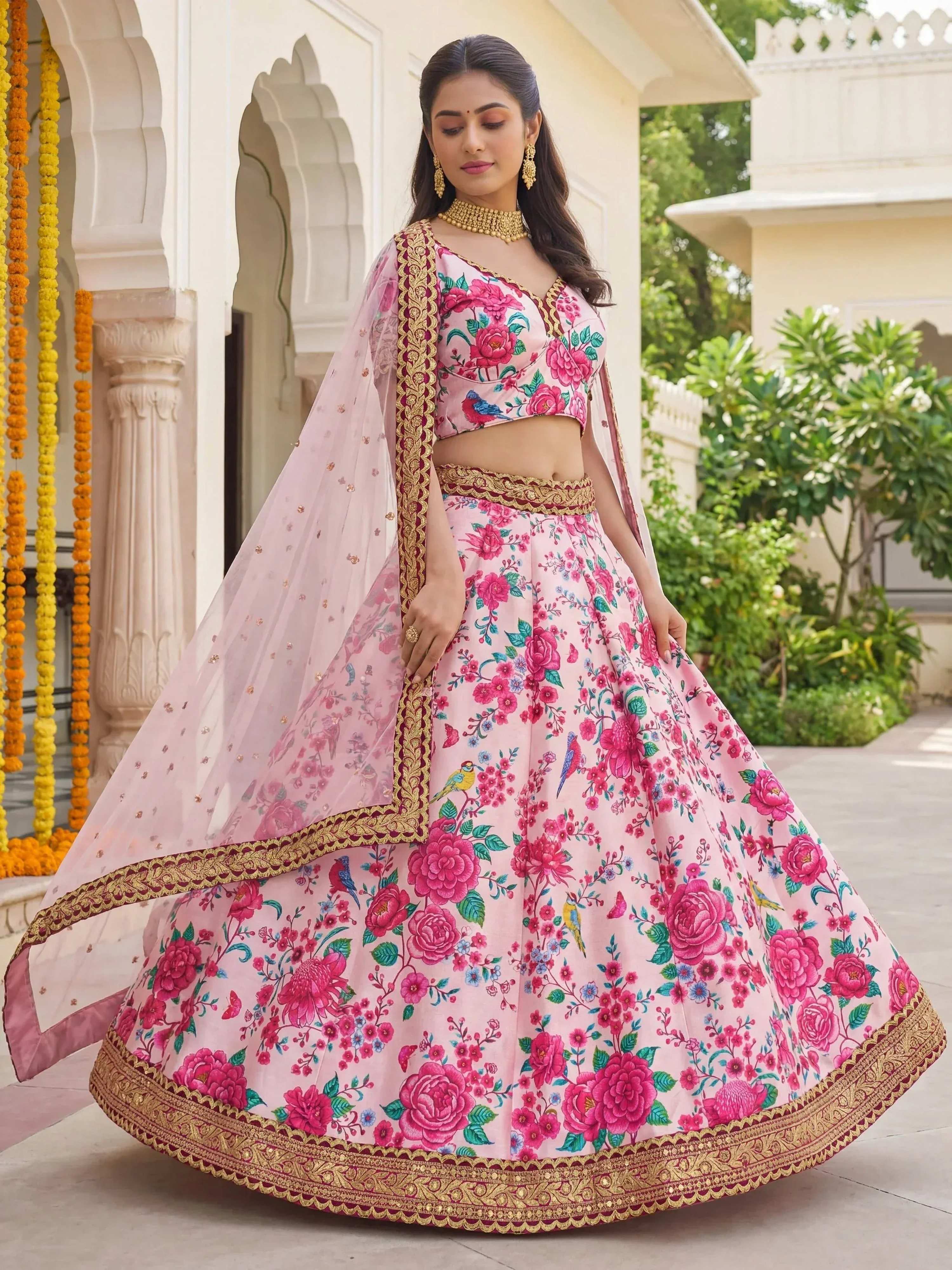 Tulsi Art Captivating Light Pink Floral Printed Silk Festival Wear Lehenga Choli | Grocsy