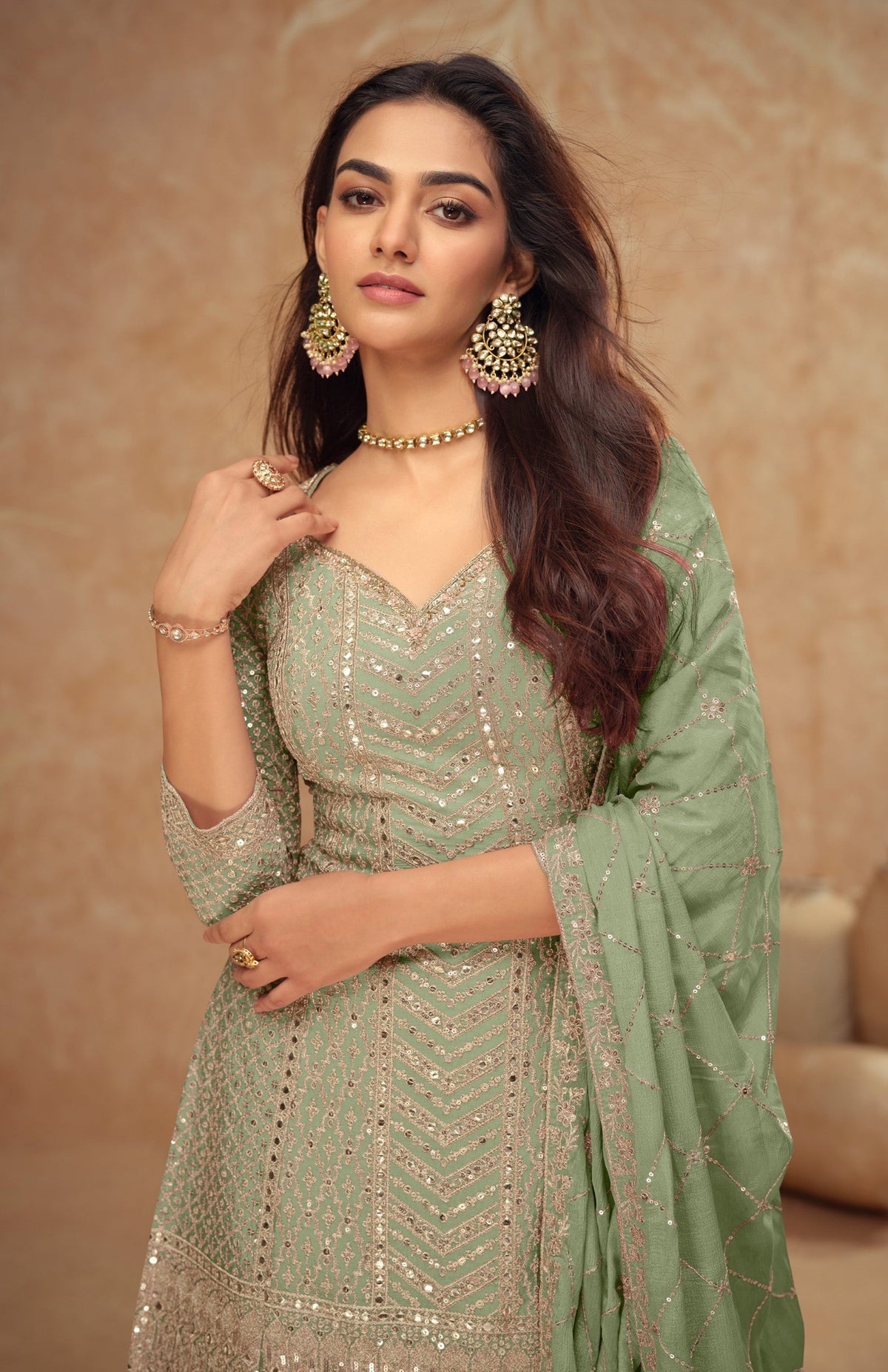 Anaita Light Green Chinon Sequence Embroidered Readymade Salwar Suit | Grocsy