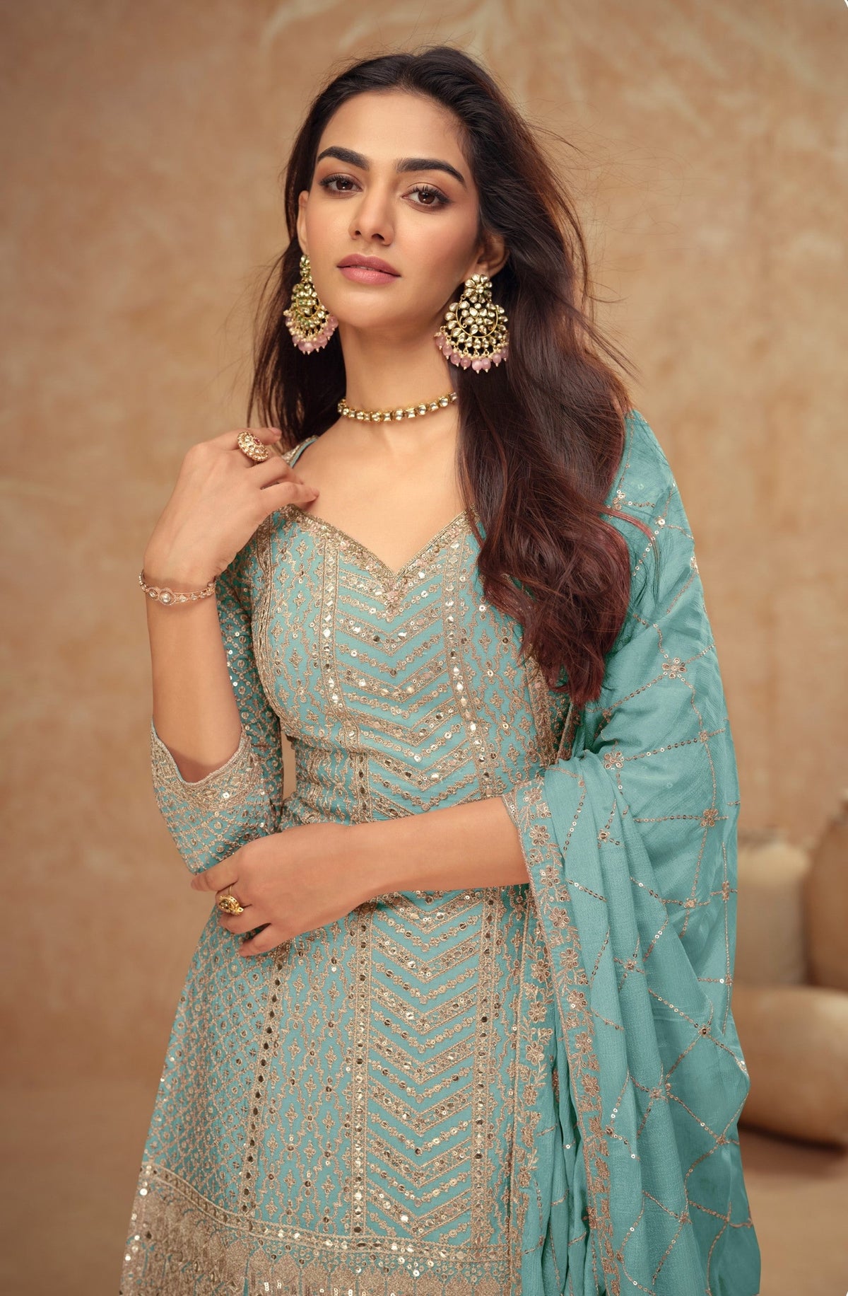 Anaita Sky Blue Chinon Sequence Embroidered Readymade Salwar Suit | Grocsy