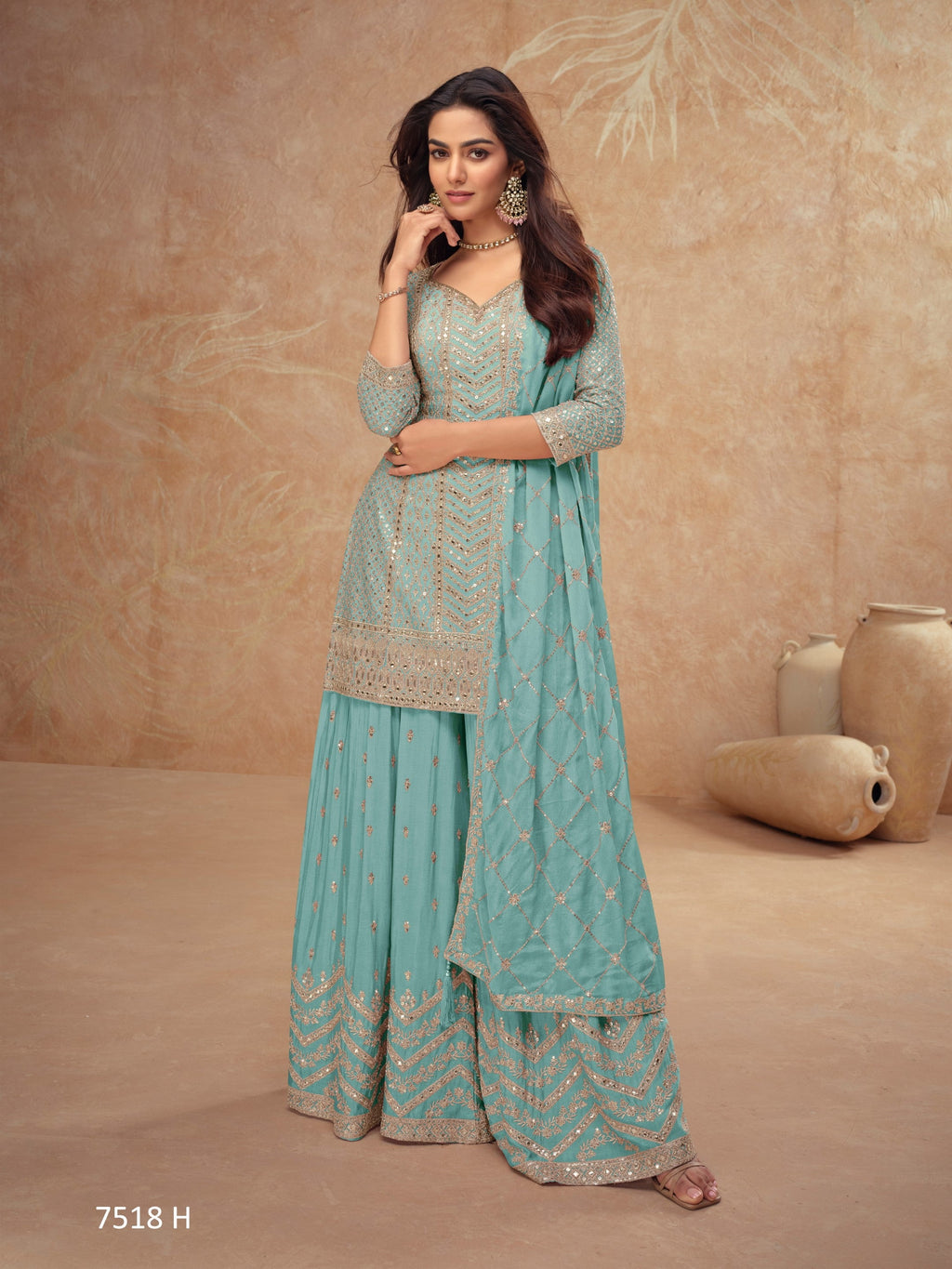 Anaita Sky Blue Chinon Sequence Embroidered Readymade Salwar Suit | Grocsy