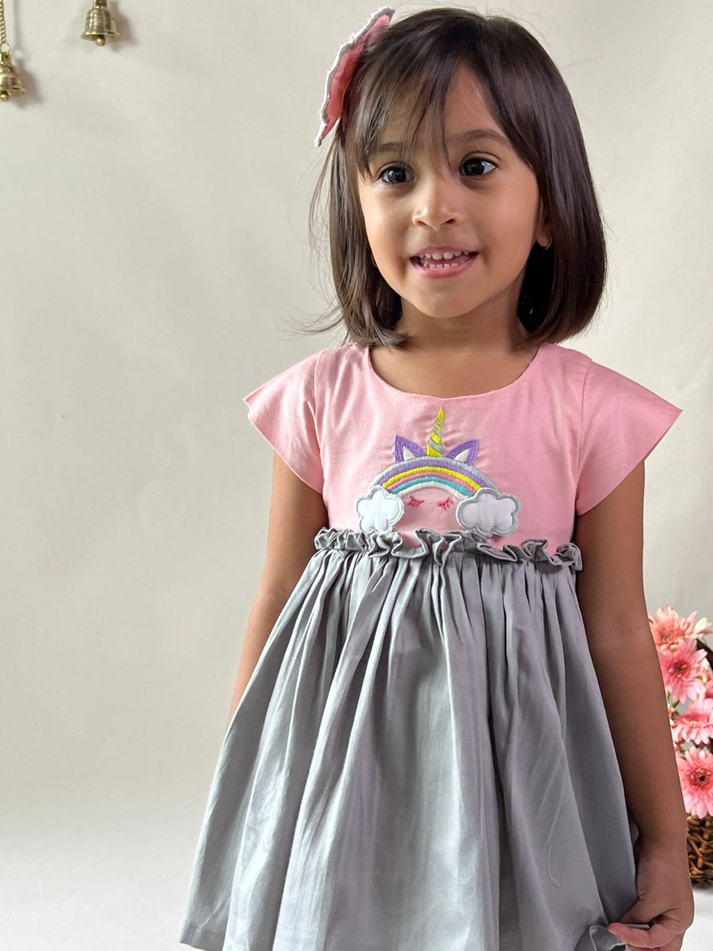 ArthLife Peach And Grey Unicorn Embroidered Dress | Grocsy