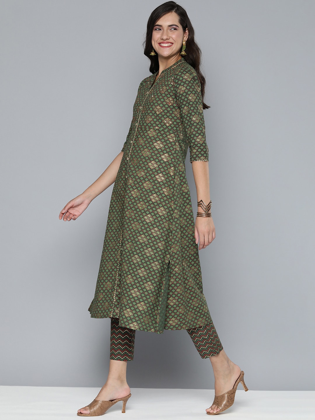 HERE&NOW Ethnic Motifs Printed Gotta Patti Pure Cotton Kurta With Trousers & With Dupatta | Grocsy