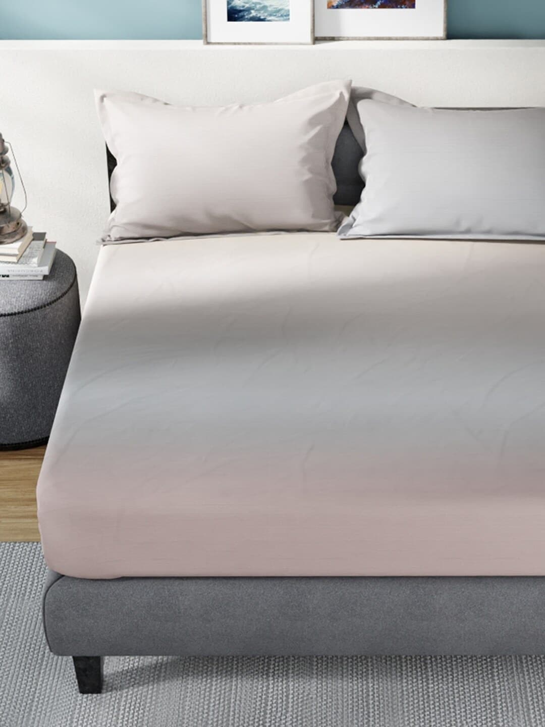 Nautica Grey & Pink 160 TC King Bedsheet With 2 Pillow Covers | Grocsy