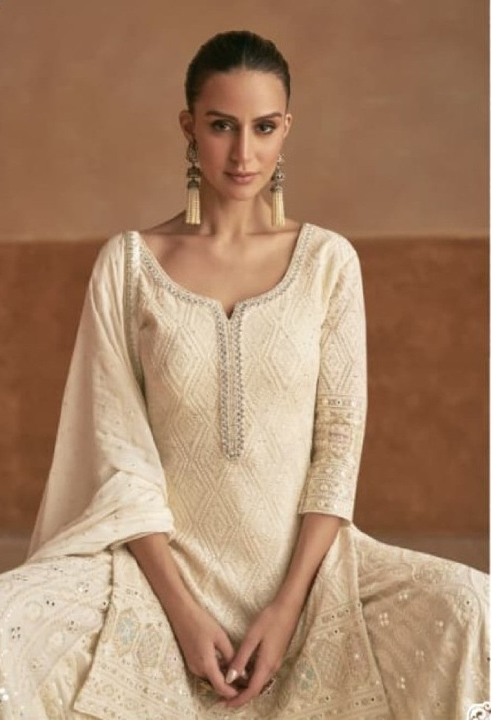 Anaita Cream Georgette Stitched Suit With Embroidery & Sequence Work | Grocsy