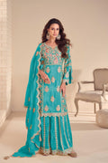 Anaita Turquoise Shimmer Stitched Suit With Hand & Embroidery Work | Grocsy