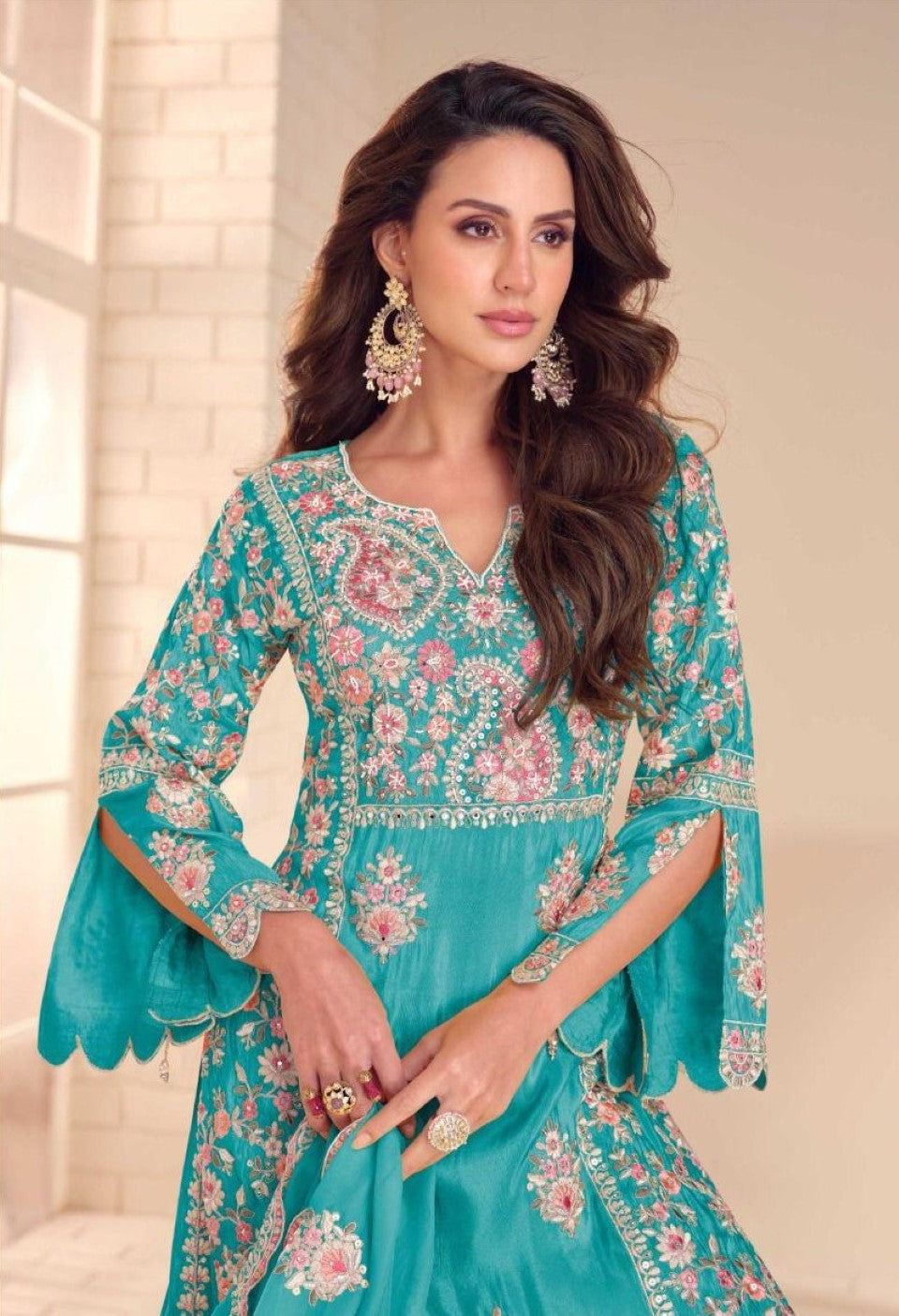 Anaita Turquoise Shimmer Stitched Suit With Hand & Embroidery Work | Grocsy