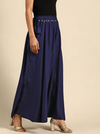 TAG 7 Women Navy Blue Solid Flared Palazzos | Grocsy