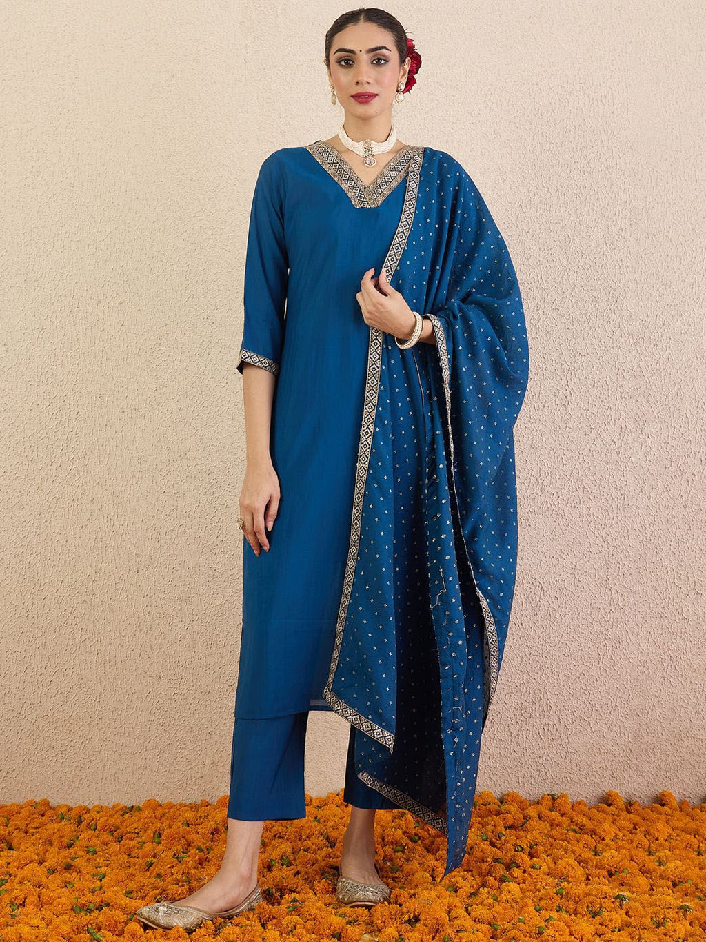 Indo Era Ethnic Motifs Embroidered Regular V-Neck Straight Kurta With Trousers & Dupatta | Grocsy