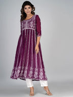 HERE&NOW Purple & White Floral Embroidered Paneled Georgette Anarkali Kurta | Grocsy