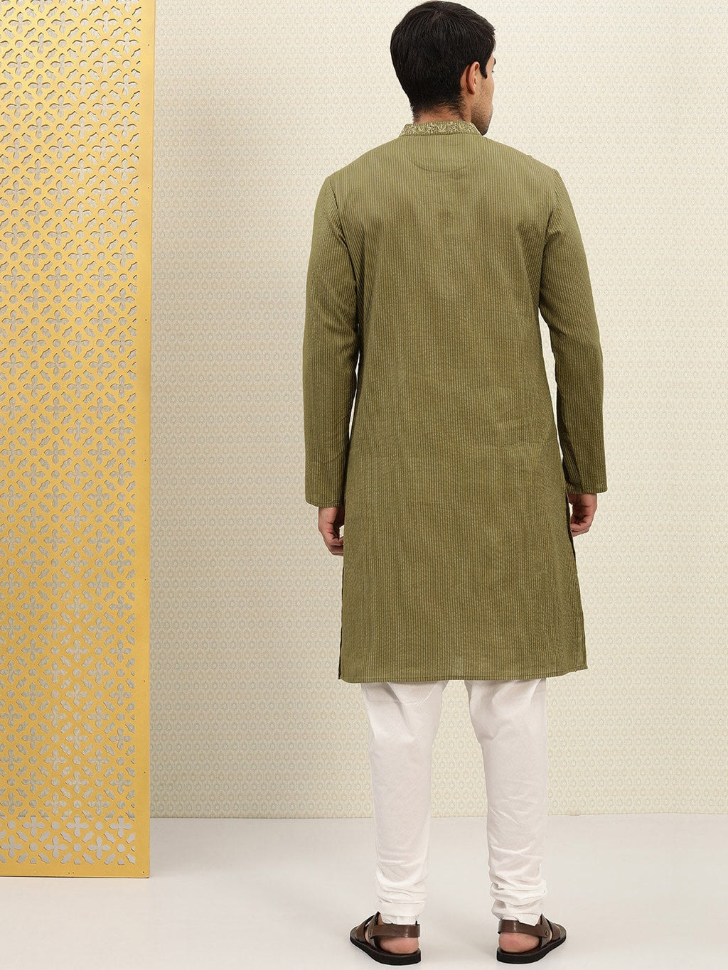 House of Pataudi Men Olive Green Striped Straight Kurta with Embroidered Detail | Grocsy
