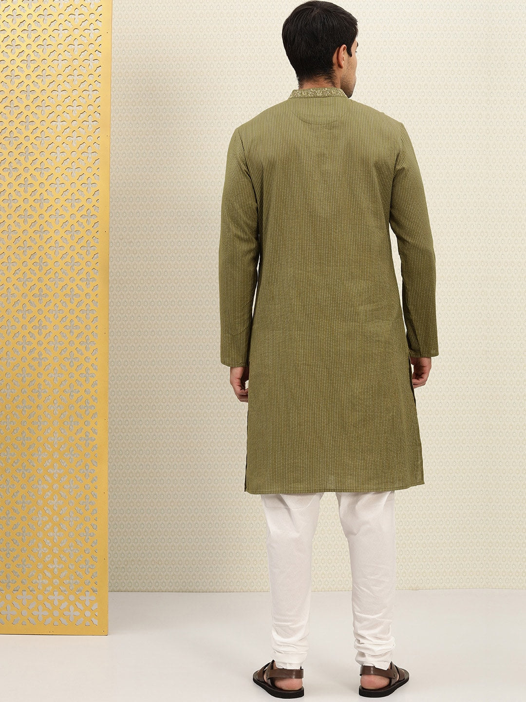 House of Pataudi Men Olive Green Striped Straight Kurta with Embroidered Detail | Grocsy