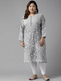 ADA Women Plus Size Grey Floral Embroidered Chikankari Kurta | Grocsy