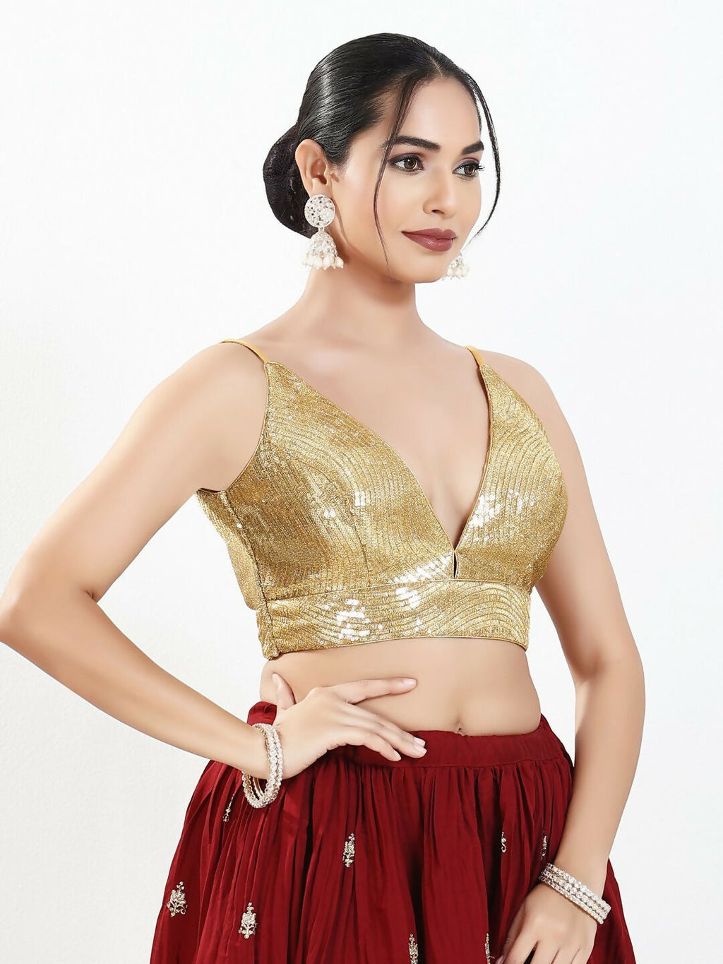 Joban Fashion Gold Sequins Padded Blouse With V Neck Sleeveless | Grocsy