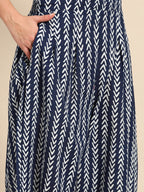 Sangria Blue & White Ethnic Motifs Printed V-Neck Pure Cotton A-Line Kurta With Salwar | Grocsy