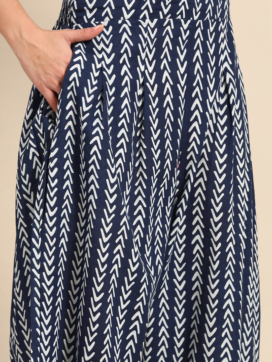 Sangria Blue & White Ethnic Motifs Printed V-Neck Pure Cotton A-Line Kurta With Salwar | Grocsy