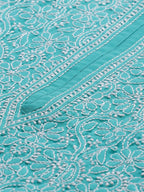 ADA Women Sea Green & White Floral Chikankari Embroidered Straight Sustainable Handloom Kurta | Grocsy