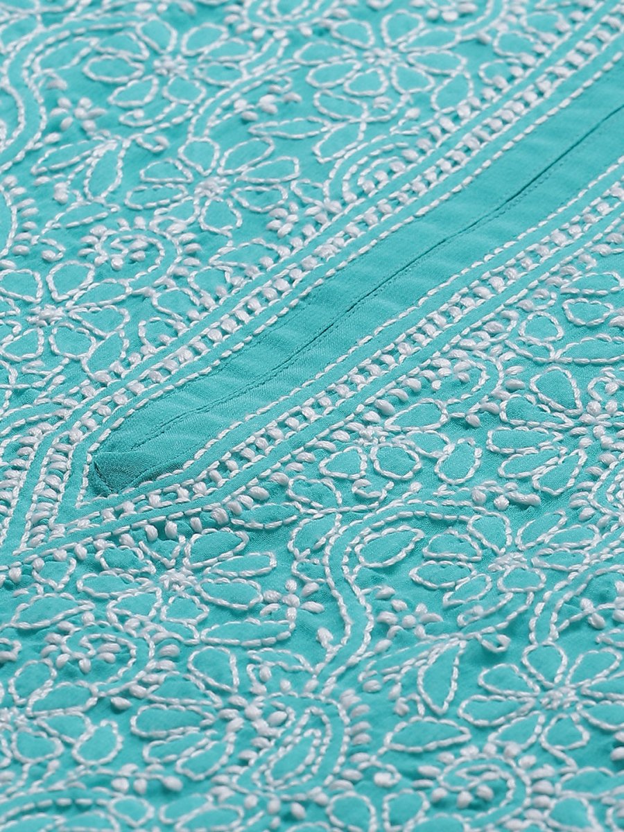 ADA Women Sea Green & White Floral Chikankari Embroidered Straight Sustainable Handloom Kurta | Grocsy