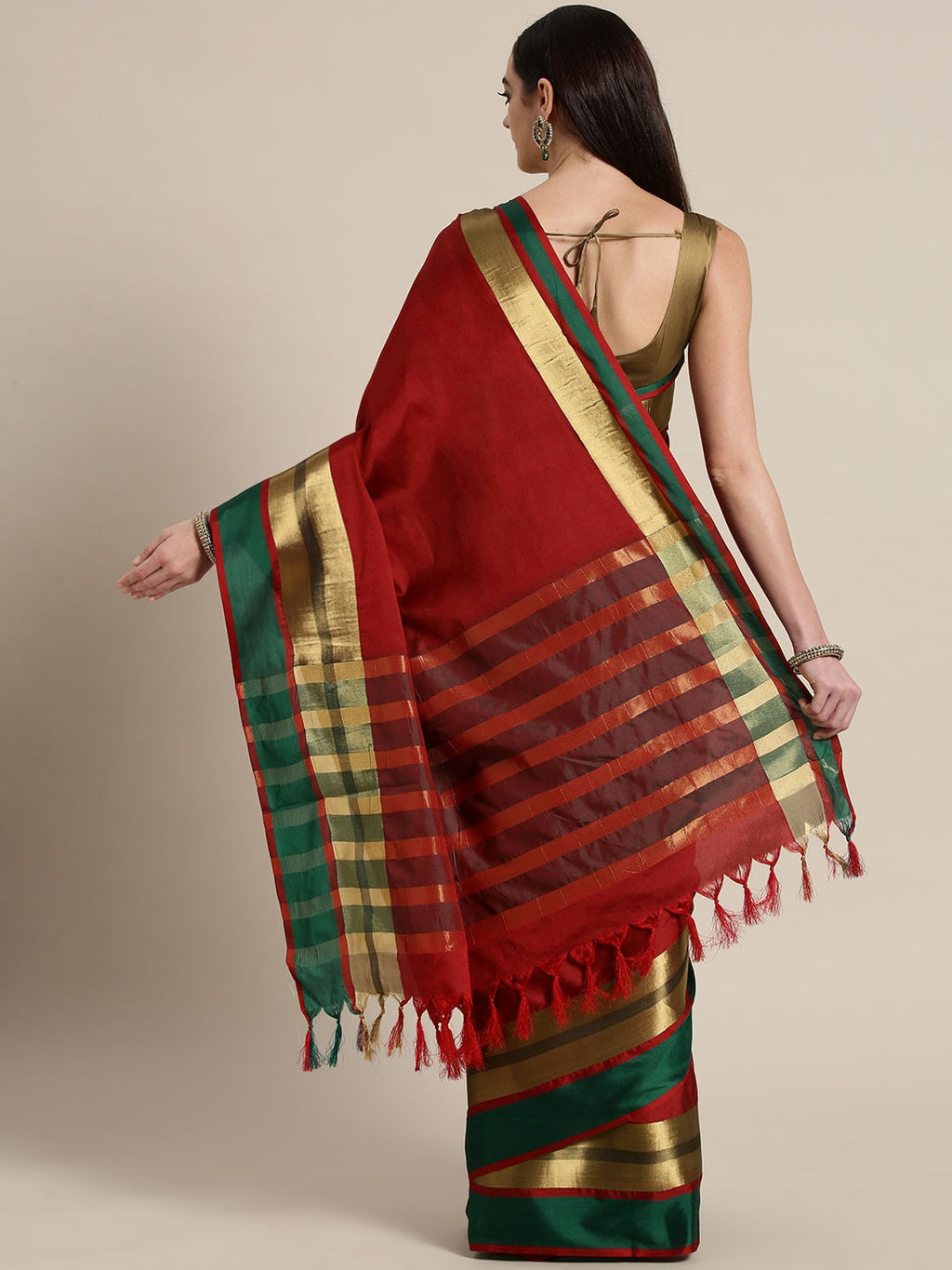 Saree Mall Red & Green Solid Saree | Grocsy