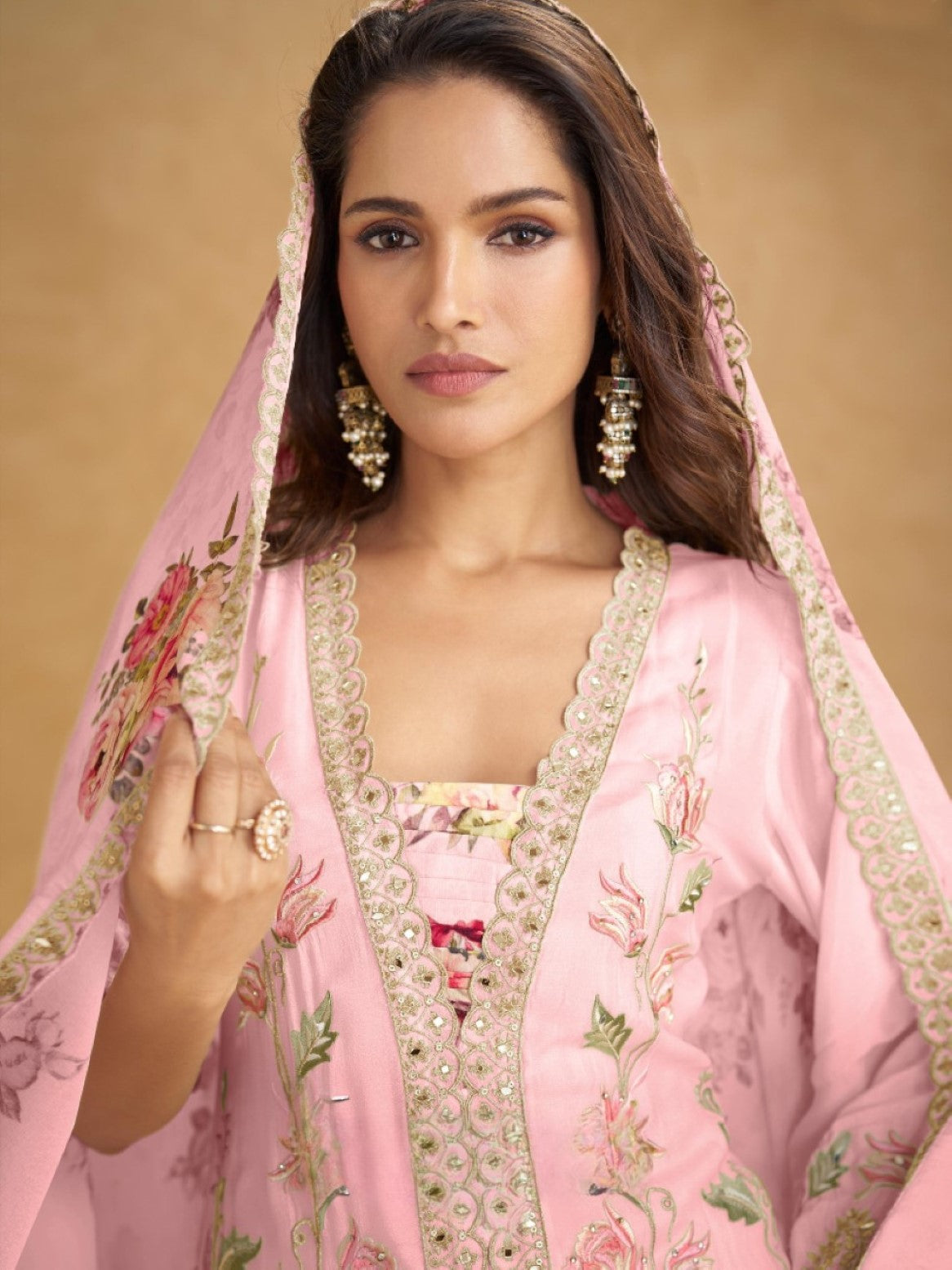 Anaita Pink Chinon Stitched Suit With Embroidered Sequins & Mirror Work | Grocsy