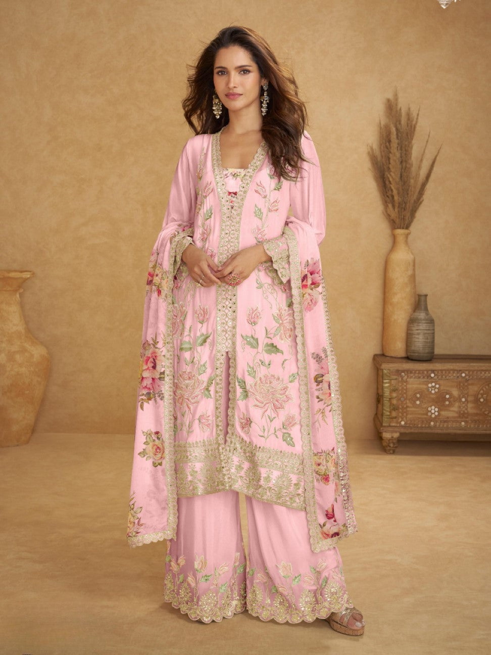 Anaita Pink Chinon Stitched Suit With Embroidered Sequins & Mirror Work | Grocsy