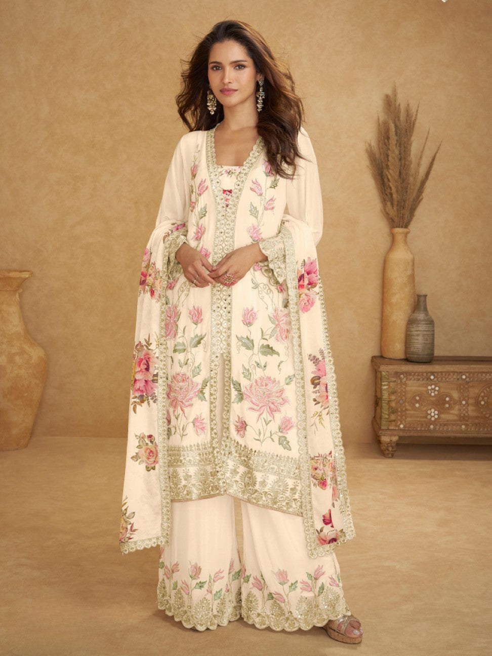 Anaita Cream Chinon Stitched Suit With Embroidered Sequins & Mirror Work | Grocsy