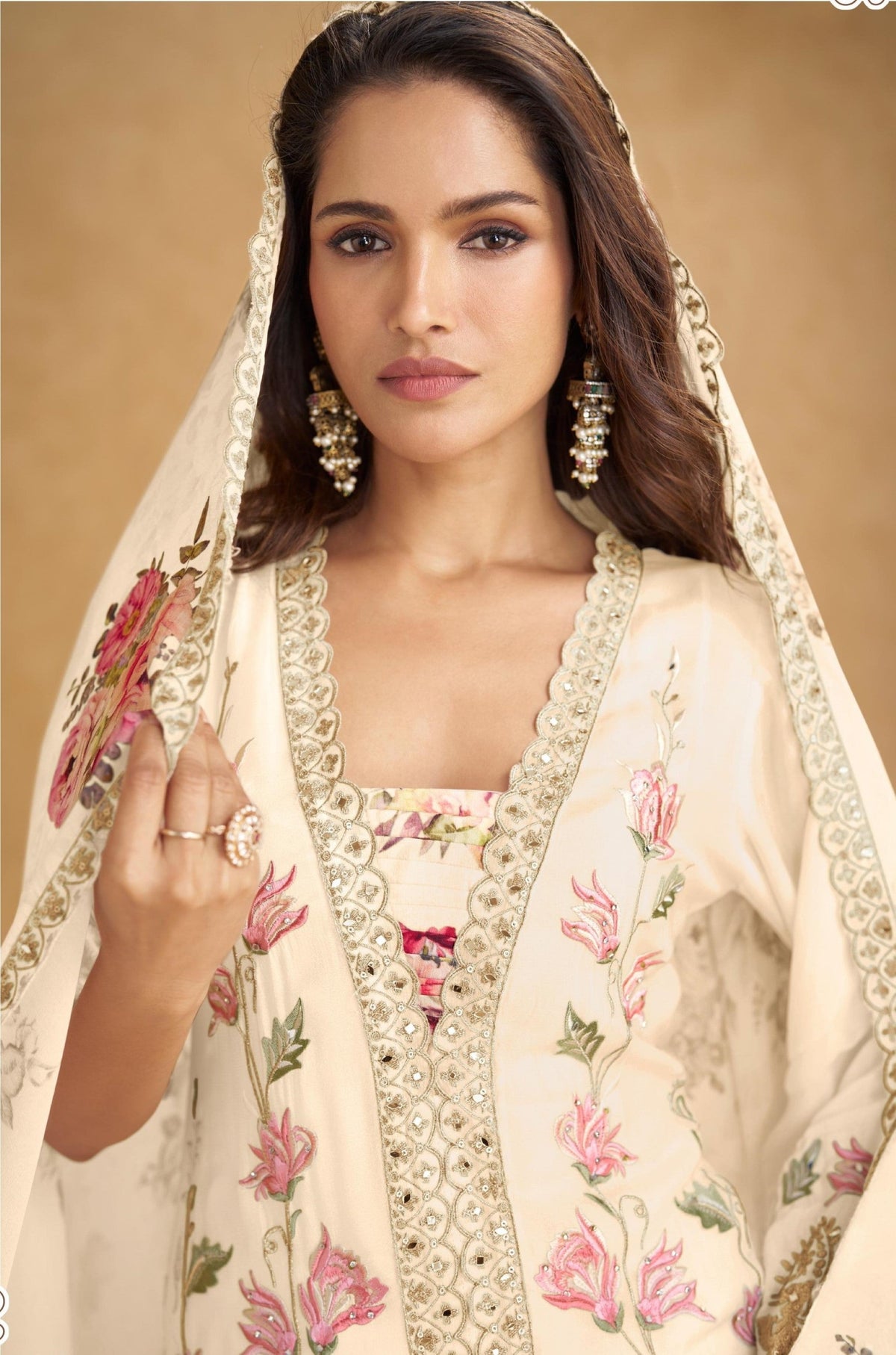 Anaita Cream Chinon Stitched Suit With Embroidered Sequins & Mirror Work | Grocsy
