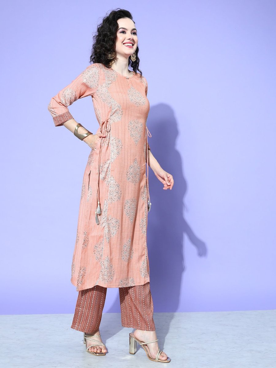 All About You Women Pink Floral Printed Regular Gotta Patti Liva Kurta with Palazzos | Grocsy
