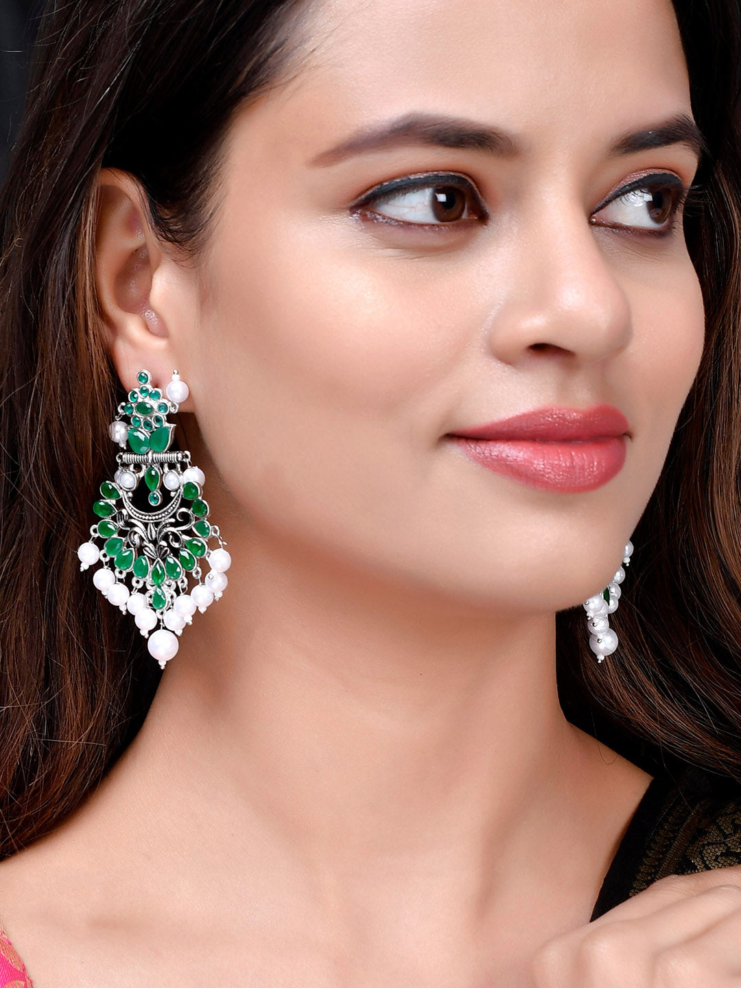 Shoshaa Silver-Plated Green Handcrafted Drop Earrings With Pearl | Grocsy