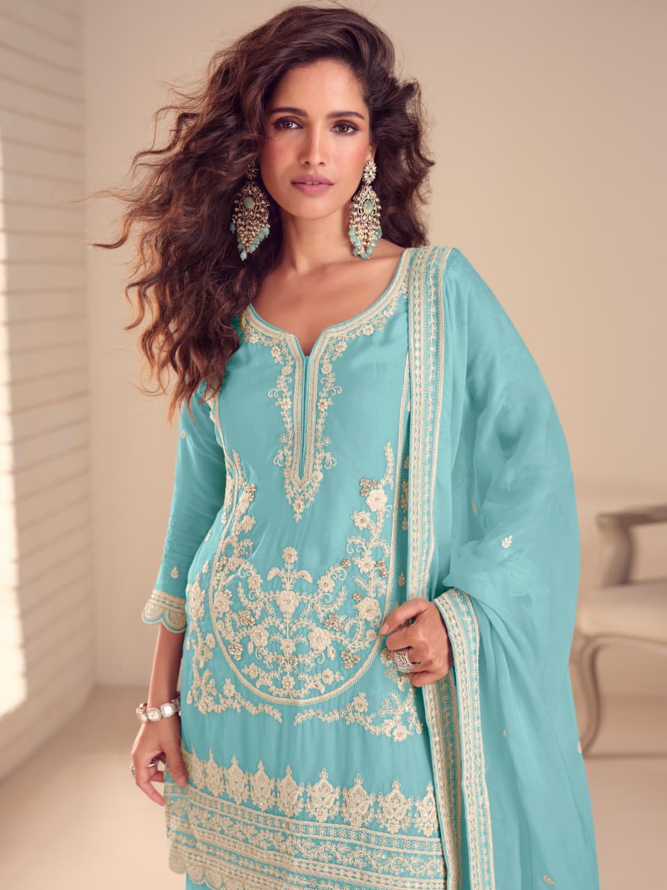 Anaita Sky Chinon Stitched Suit with Embroidery & Sequence Work | Grocsy