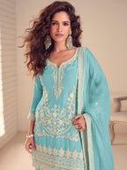 Anaita Sky Chinon Stitched Suit with Embroidery & Sequence Work | Grocsy
