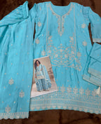 Anaita Sky Chinon Stitched Suit with Embroidery & Sequence Work | Grocsy