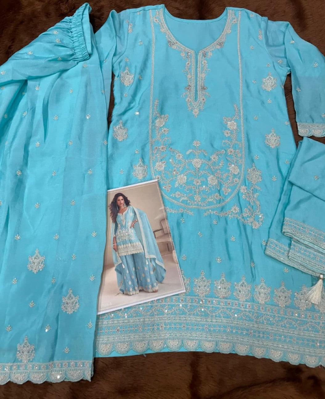 Anaita Sky Chinon Stitched Suit with Embroidery & Sequence Work | Grocsy