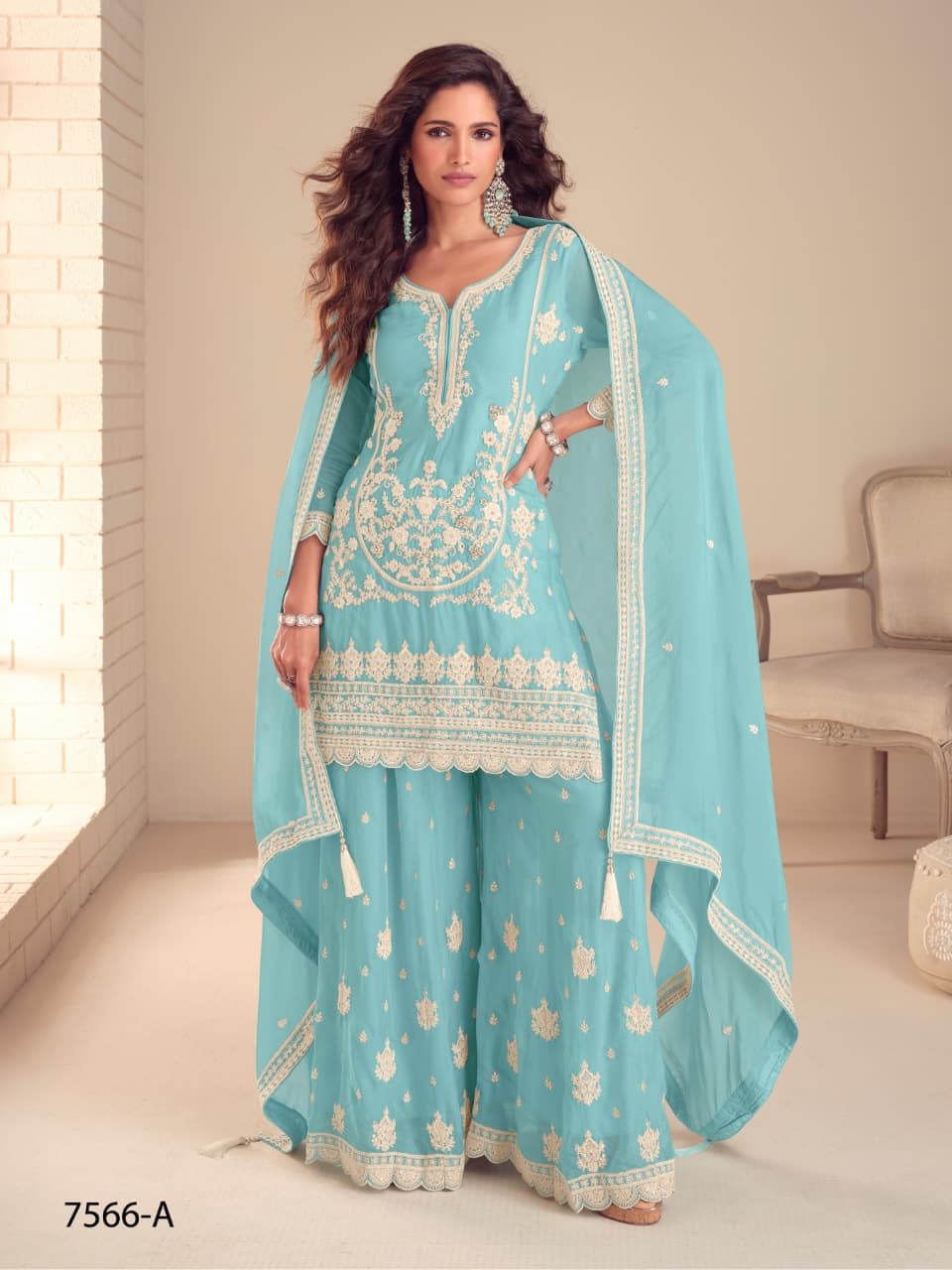 Anaita Sky Chinon Stitched Suit with Embroidery & Sequence Work | Grocsy
