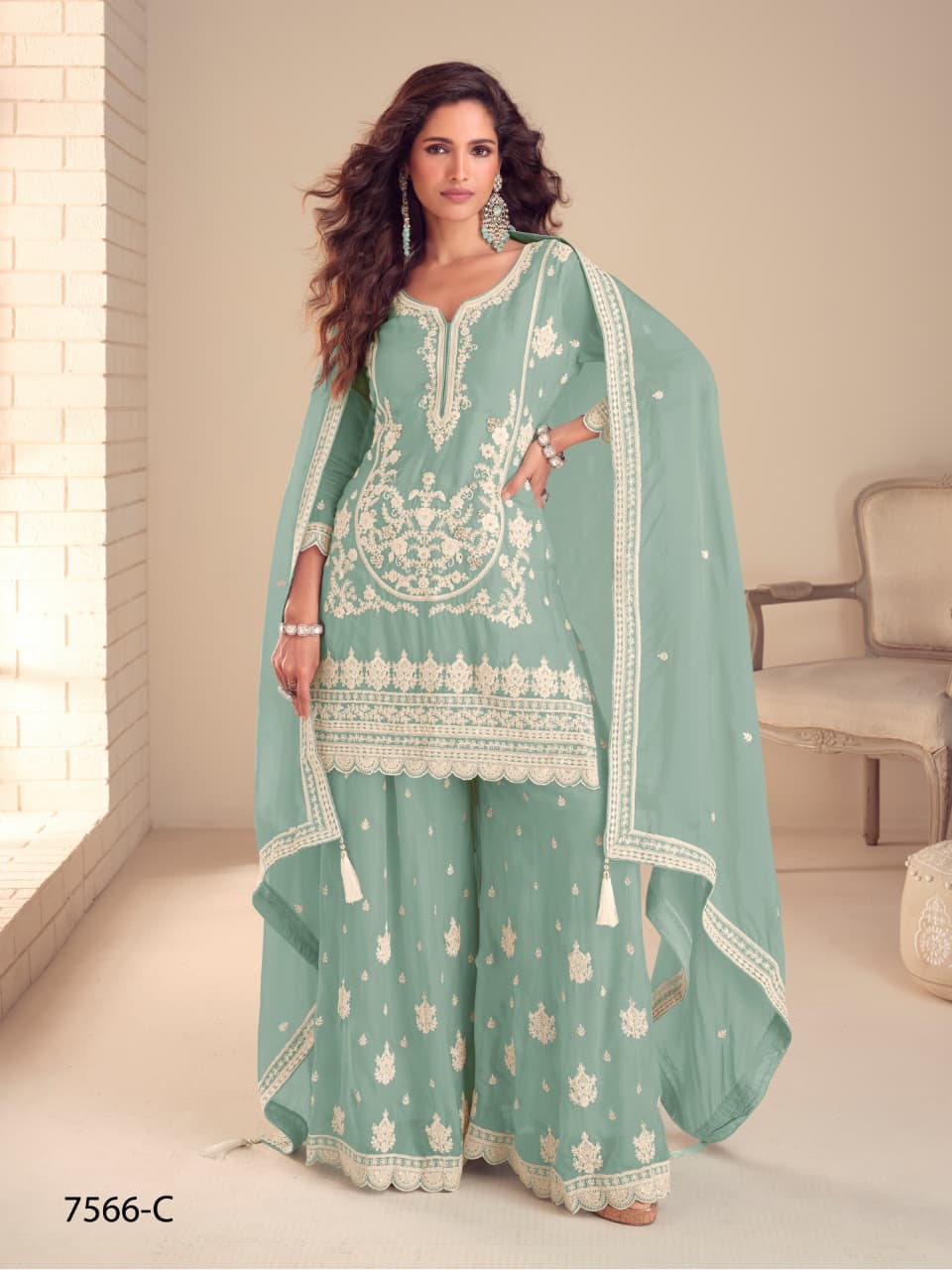 Anaita Turquoise Chinon Stitched Suit with Embroidery & Sequence Work | Grocsy