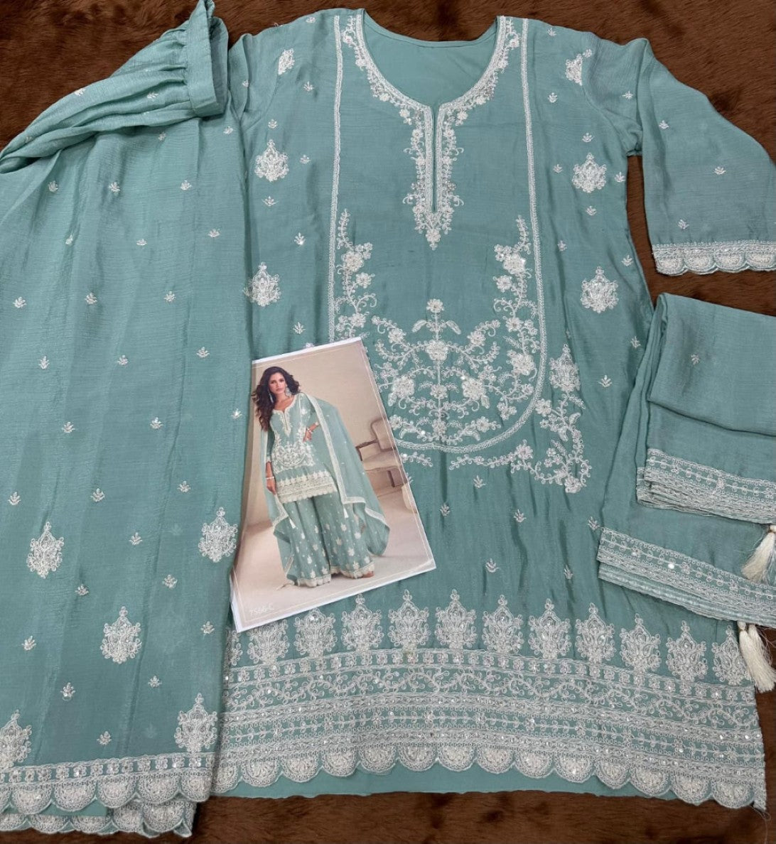 Anaita Turquoise Chinon Stitched Suit with Embroidery & Sequence Work | Grocsy