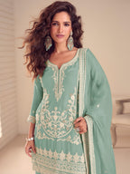 Anaita Turquoise Chinon Stitched Suit with Embroidery & Sequence Work | Grocsy