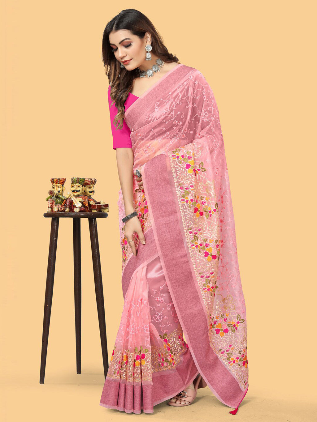 Sangria Pink & White Floral Embroidered Zari Organza Bagh Sarees | Grocsy