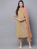 HERE&NOW Women Mustard Yellow Floral Printed Pure Cotton Kurta Set | Grocsy