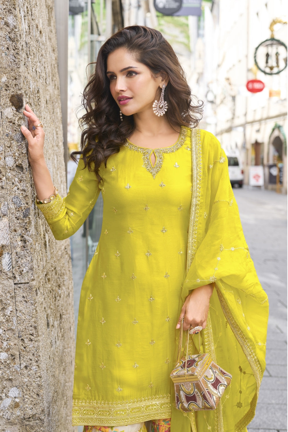 Anaita Yellow Heavy Chinon Silk Palazzo Suit With Sequence Work | Grocsy