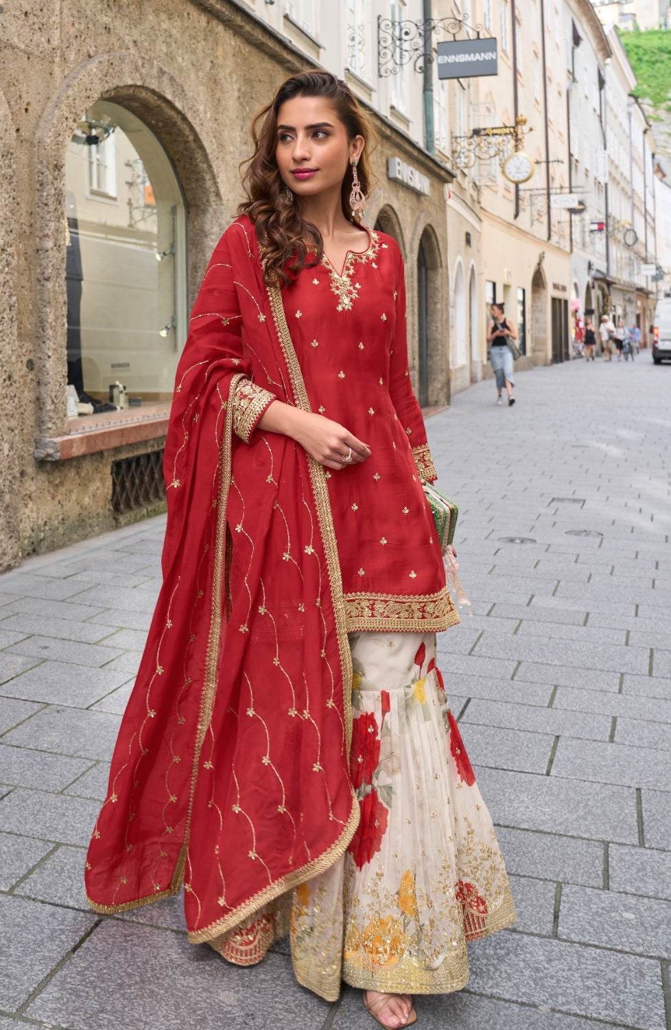 Anaita Red Heavy Chinon Silk Palazzo Suit With Sequence Work | Grocsy