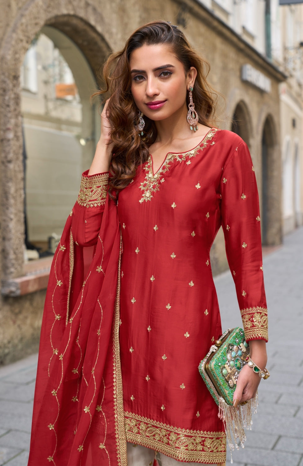 Anaita Red Heavy Chinon Silk Palazzo Suit With Sequence Work | Grocsy