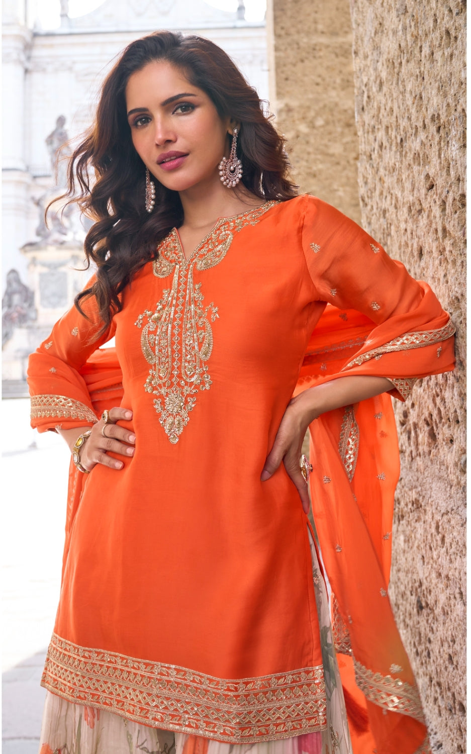 Anaita Orange Heavy Chinon Silk Palazzo Suit With Sequence Work | Grocsy