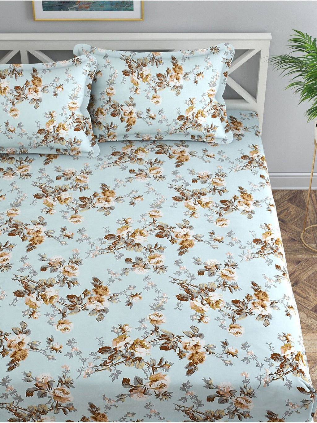Florida Blue & White Floral 120 TC King Bedsheet with 2 Pillow Covers | Grocsy