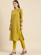 All About You Women Olive Green Ethnic Motifs Print Pure Cotton Kurta with Trousers | Grocsy
