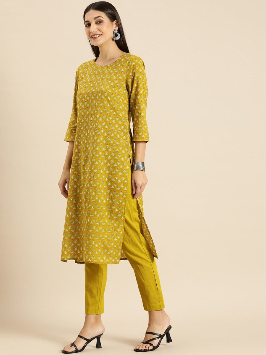 All About You Women Olive Green Ethnic Motifs Print Pure Cotton Kurta with Trousers | Grocsy