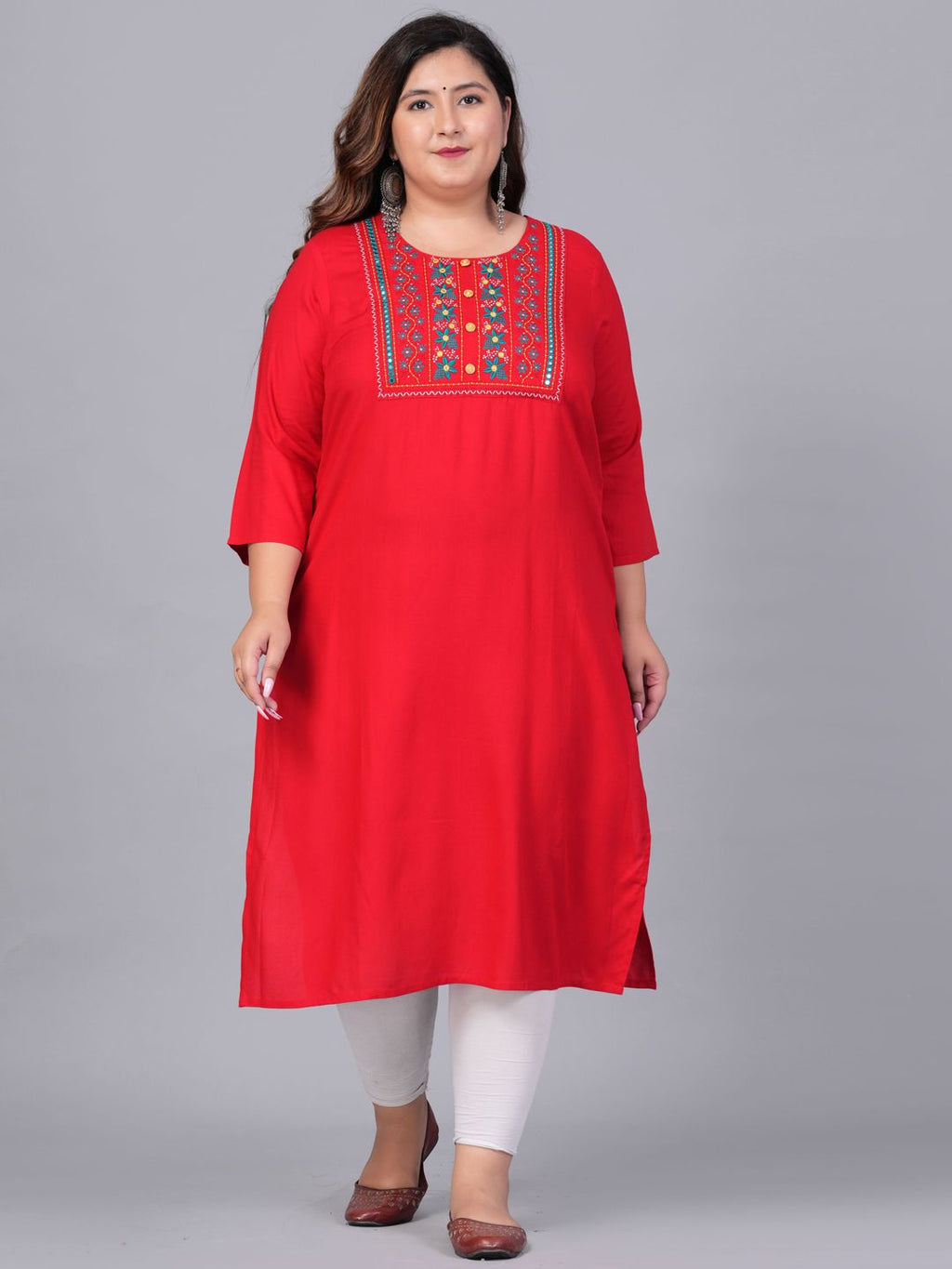 Sztori Plus Size Embroidered Yoke Design Round Neck Three-Quarter Sleeves Straight Kurta | Grocsy