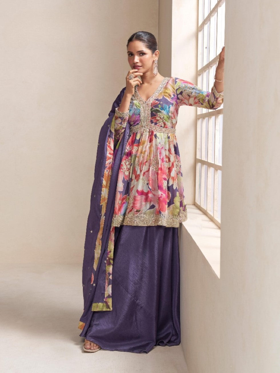 Anaita Purple Chinon Stitched Plazzo Suit With Embroidery Work | Grocsy