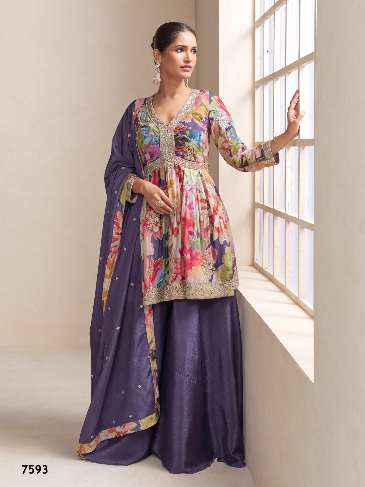 Anaita Purple Chinon Stitched Plazzo Suit With Embroidery Work | Grocsy