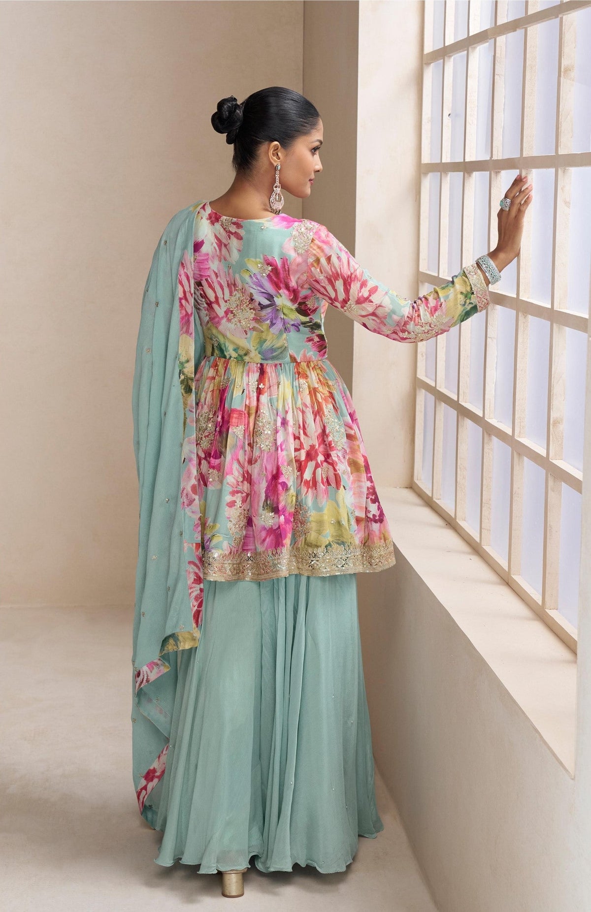 Anaita Sky Blue Chinon Stitched Plazzo Suit With Embroidery Work | Grocsy
